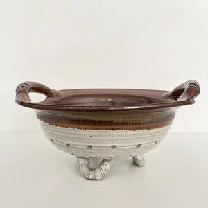 Handmade Ceramic Pottery Colander Strainer Bowl Brown Rustic Twist Handles Feet